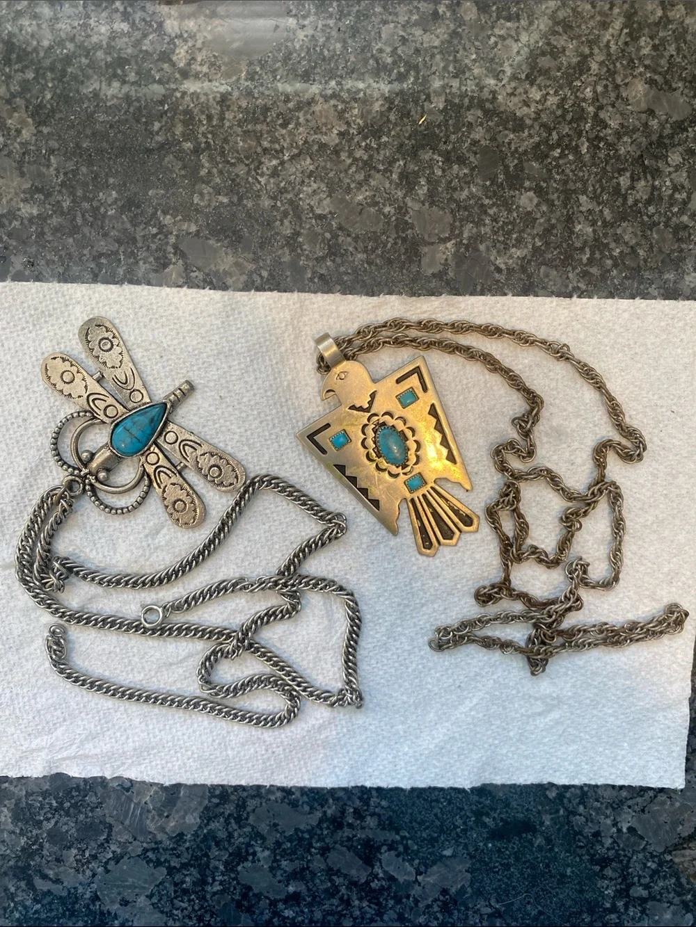 Turquoise Accent Silver Dragonfly Necklace & Gold Thunderbird Pendant